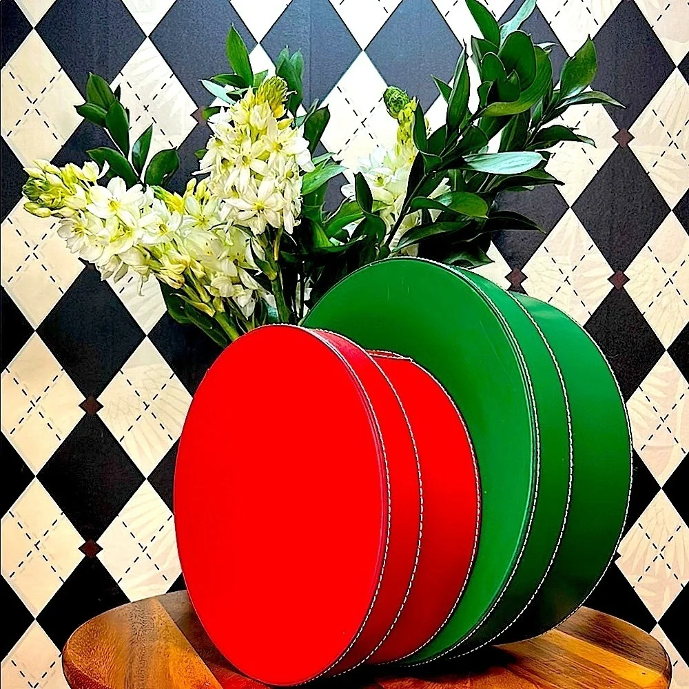 Nesting‎ Leather Boxes Set of 2 – Red & Green – Cylindrical Storage - Large